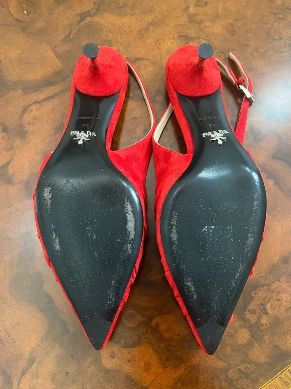 PRADA Red Suede Twist Slingback Pointed Toe Sandals Size IT 38 US 7 - Picture 7 of 11